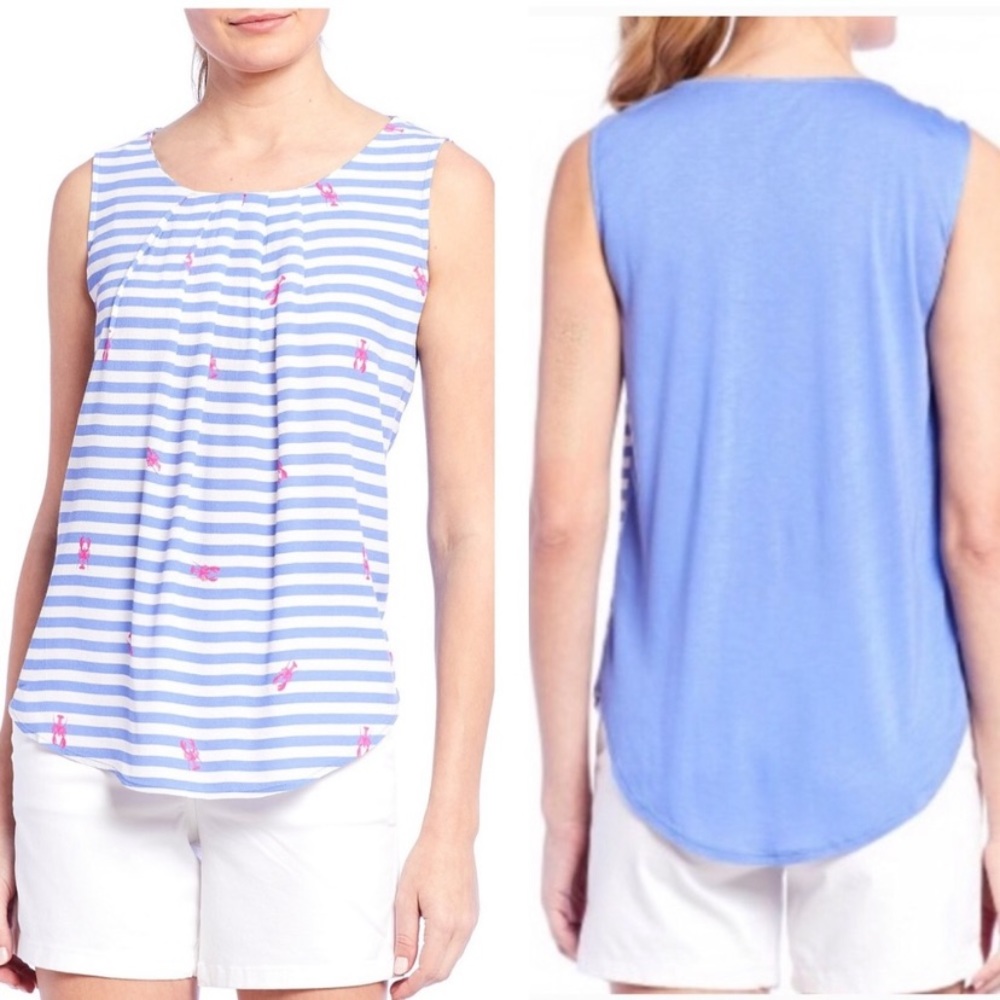 Joules Blue & White Striped Sleeveless Tank with Pink Lobster Print